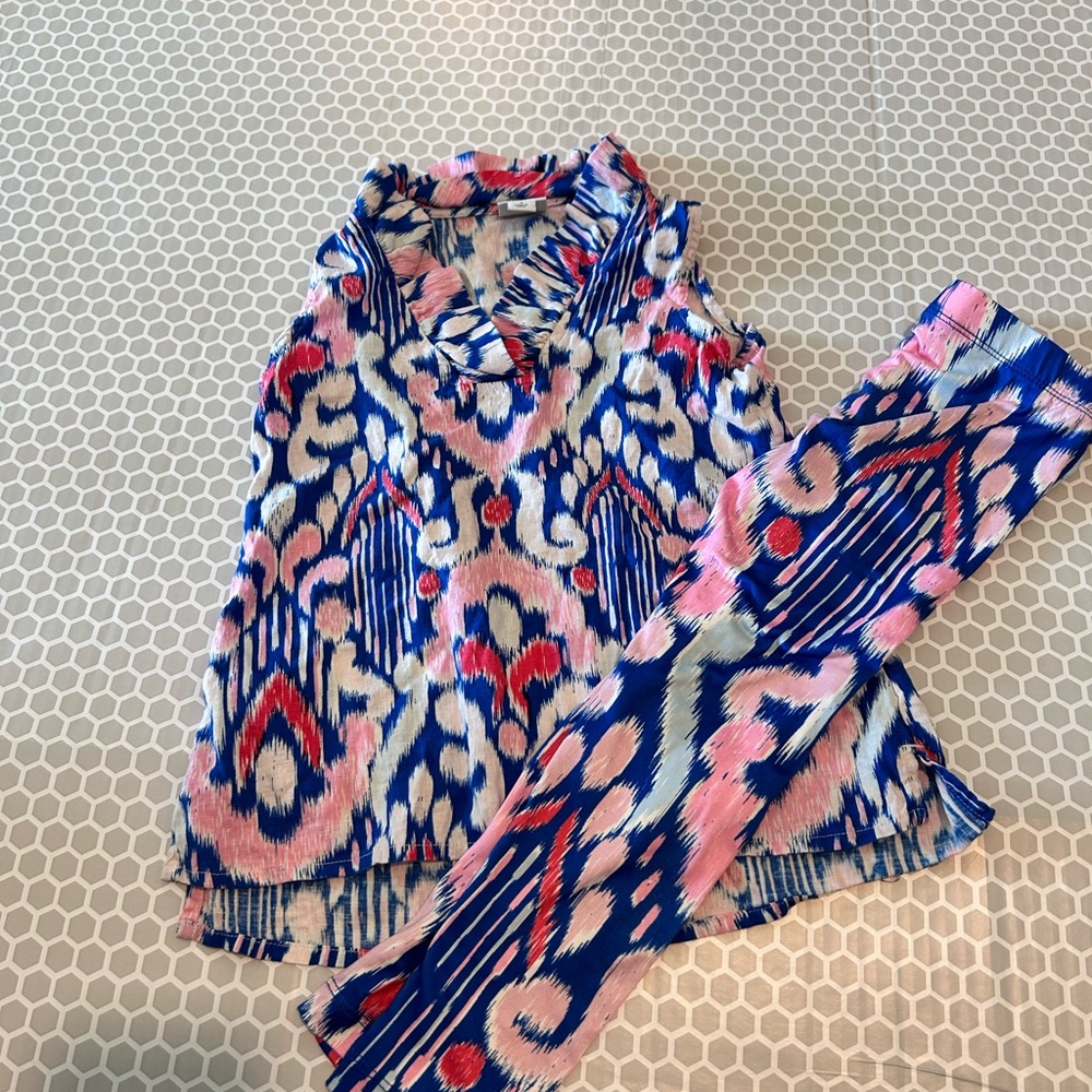 Crown & Ivy Sleeveless Ikat Print Top Leggings Set Blue Pink Red. Size S